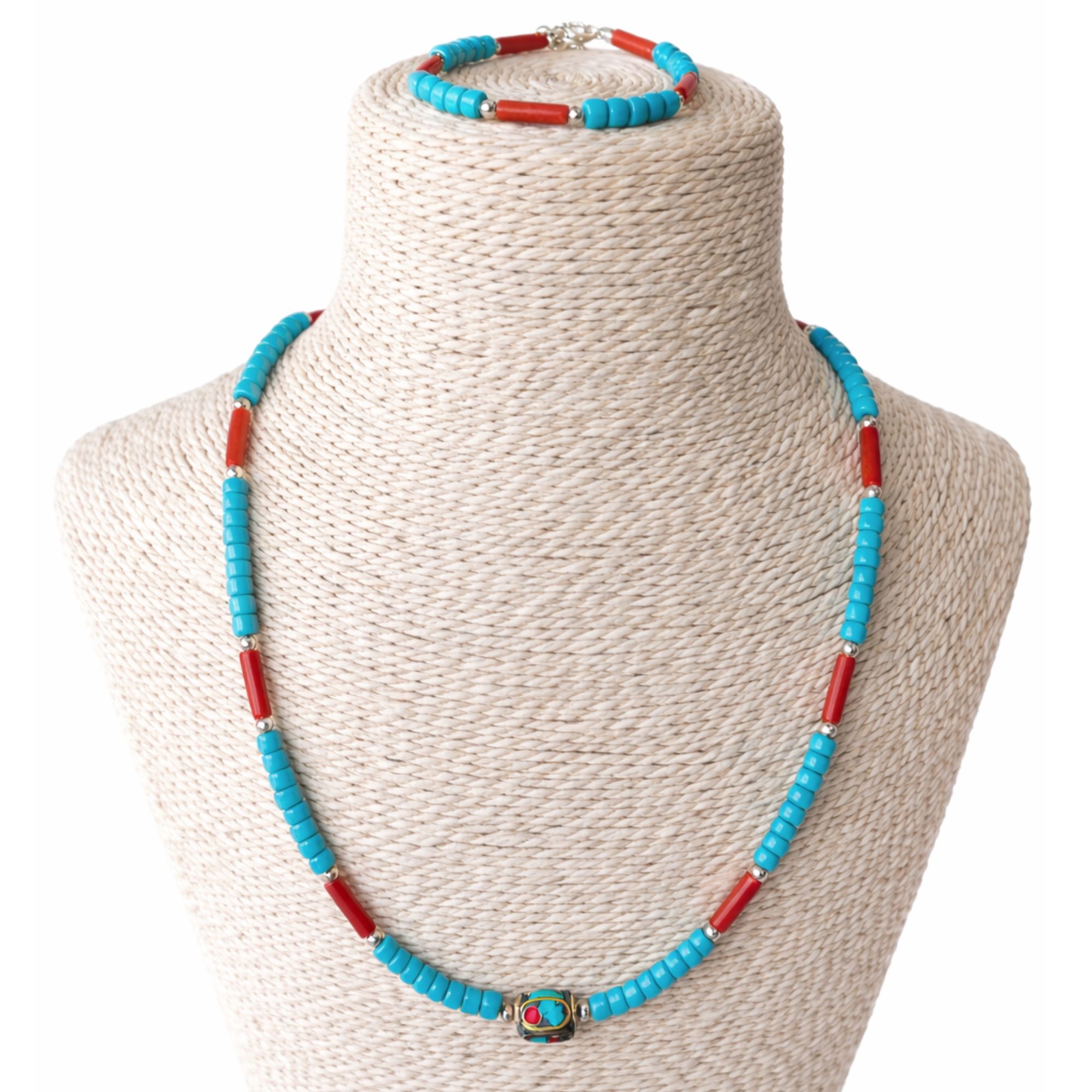 Collar Nepalí con cuentas tribales turquesa y coralita - (50 cm) y pulsera - (17 cm) conjunto - Imagen 3