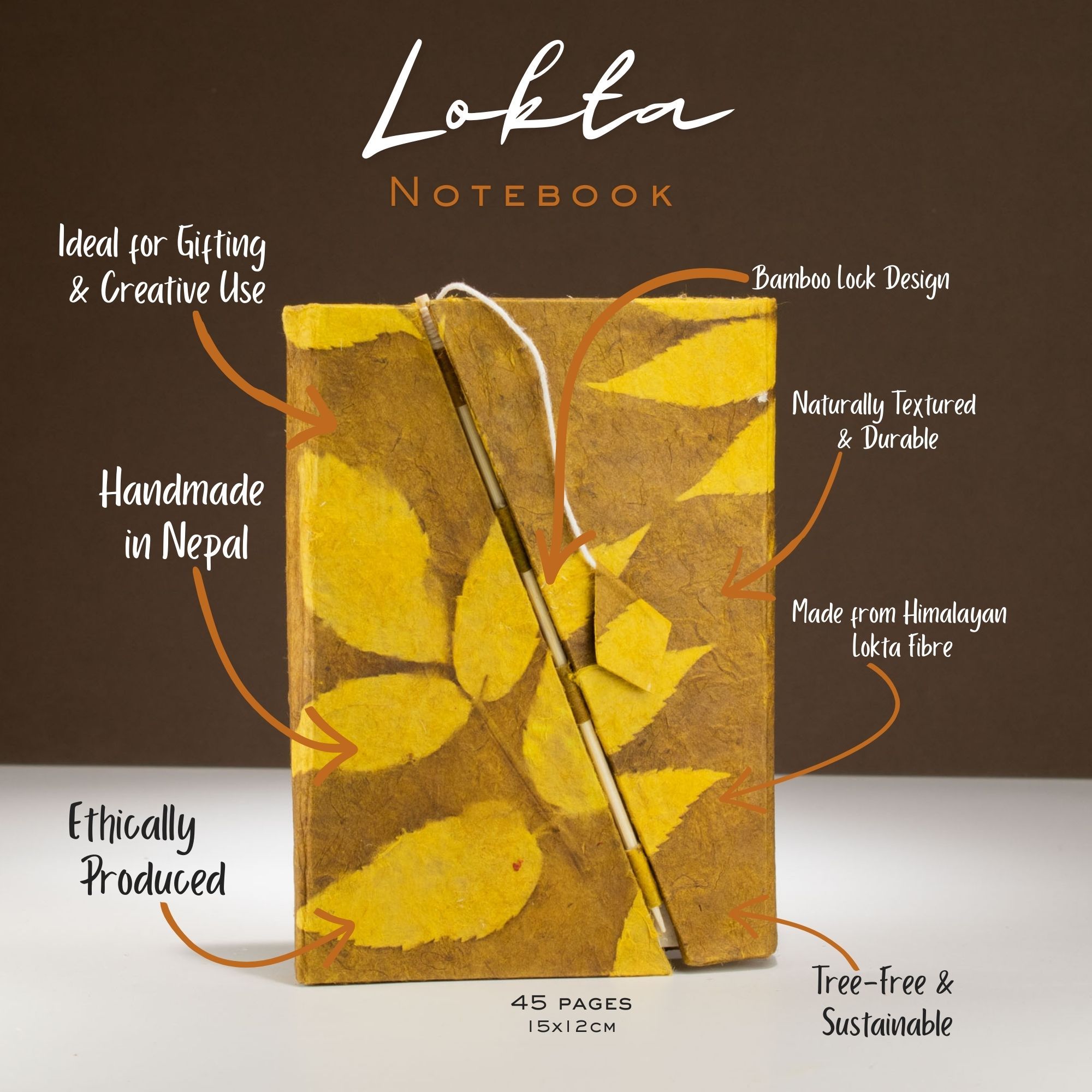 Lokta audaz floral bambú cuaderno con cierre – mediano (15x12 cm) – 45 hojas – marrón mostaza - Imagen 2