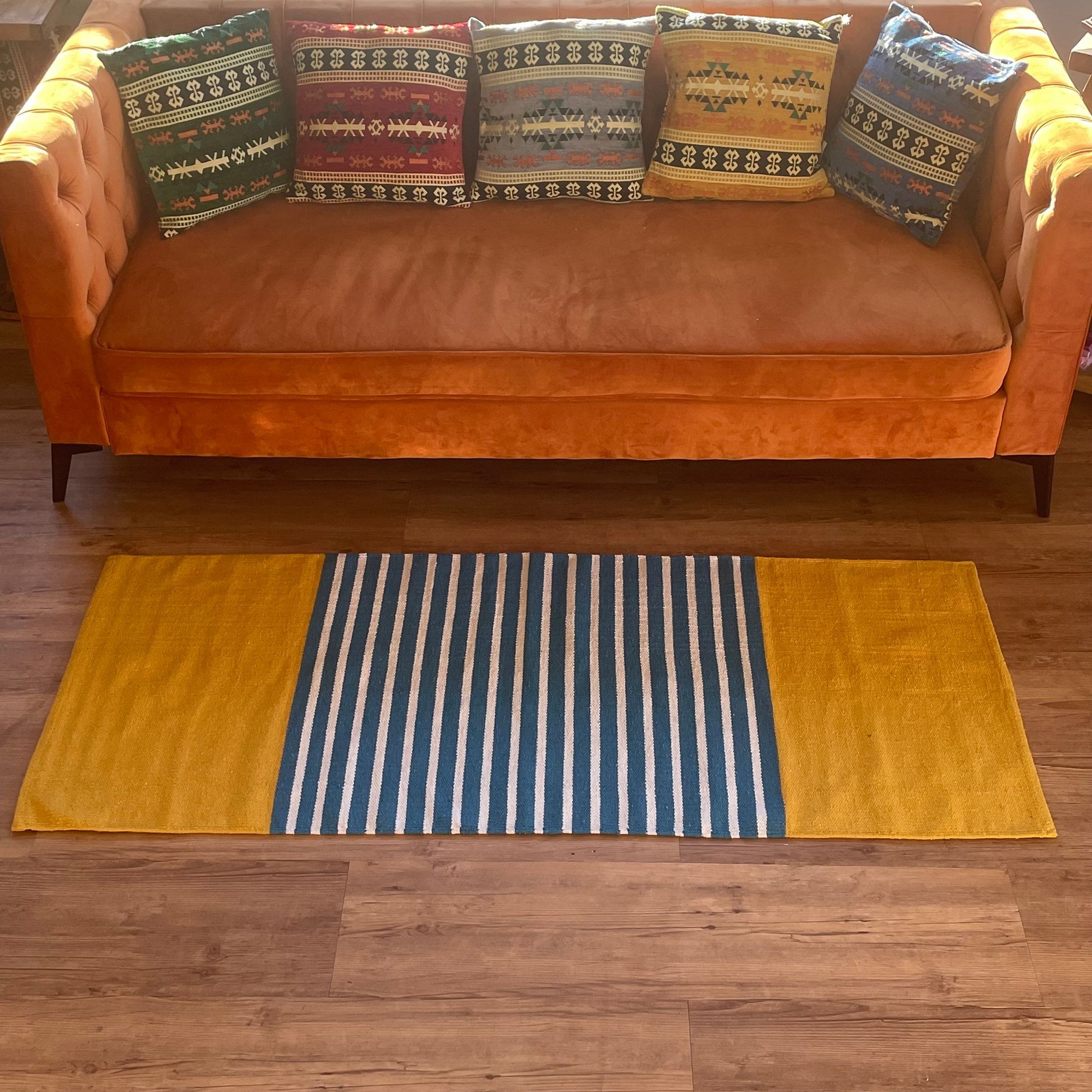 Alfombra India de Algodón - 70x170cm - Amarillo/ Azul - Imagen 3