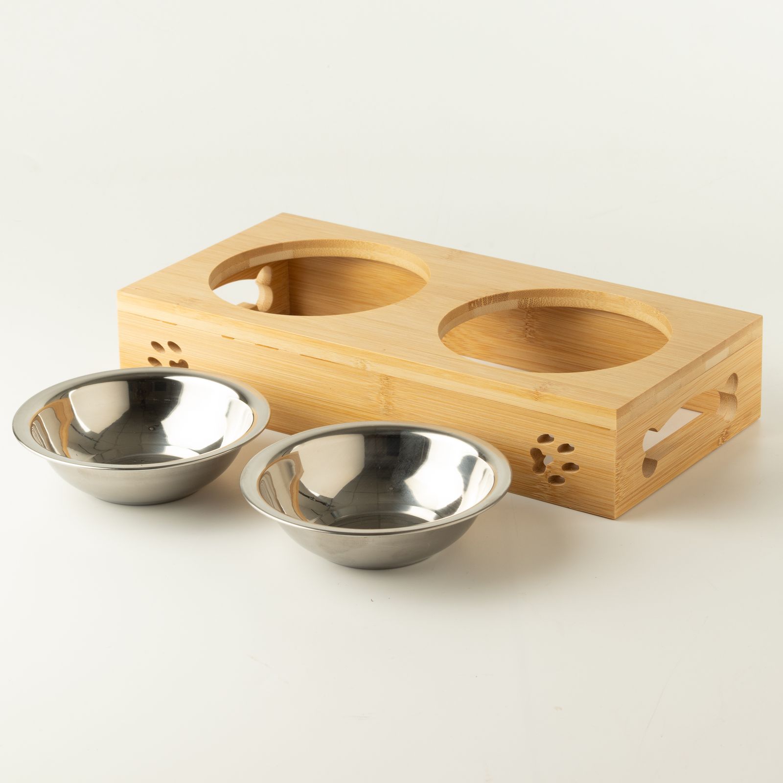 PAW Cuencos para comida - Doble acero inoxidable en soporte de madera - 2x12cm - Imagen 3
