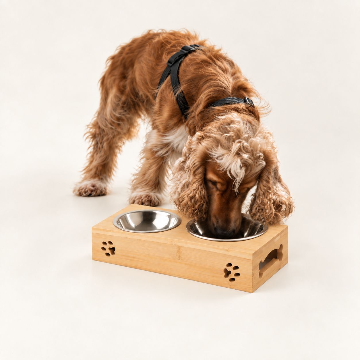 PAW Cuencos para comida - Doble acero inoxidable en soporte de madera - 2x12cm - Imagen 4